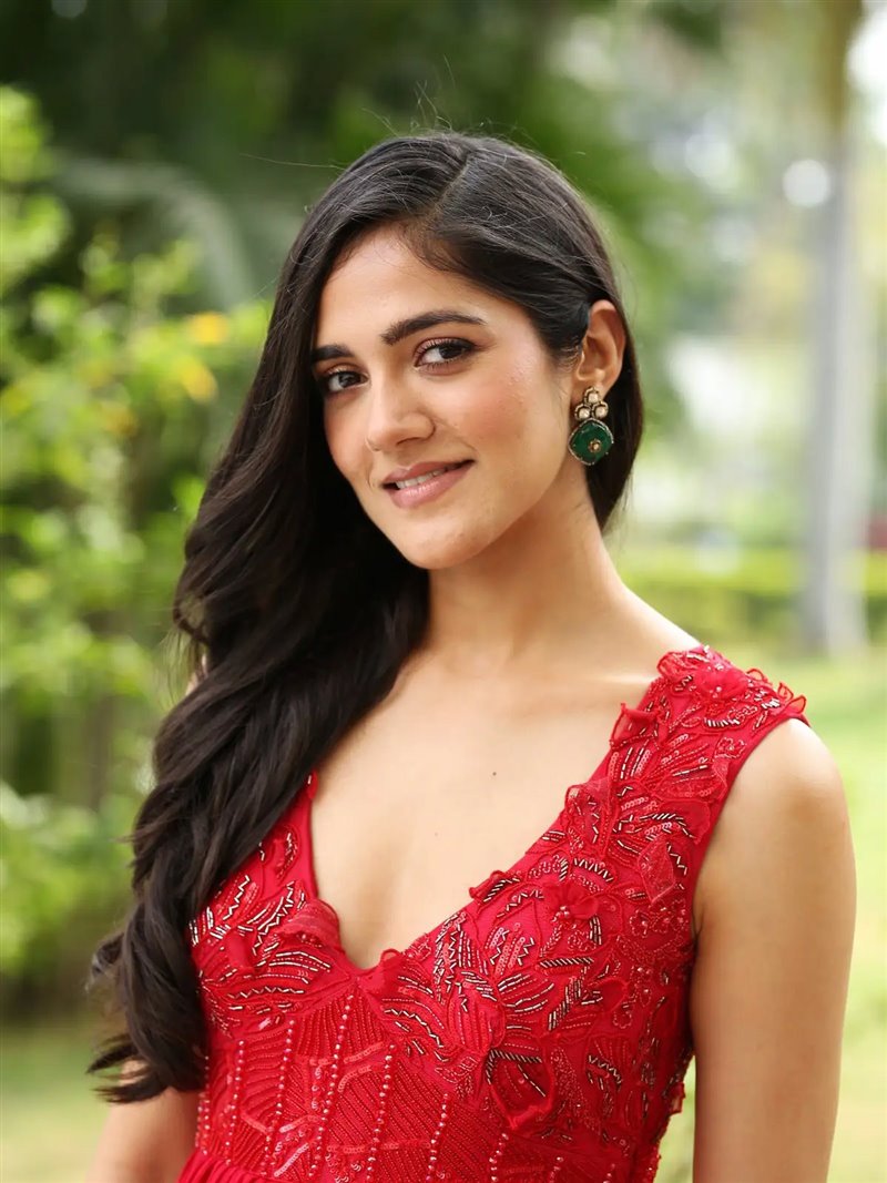 Telugu Actress Simran Choudhary in Red Dress at Atharva Movie Press Meet